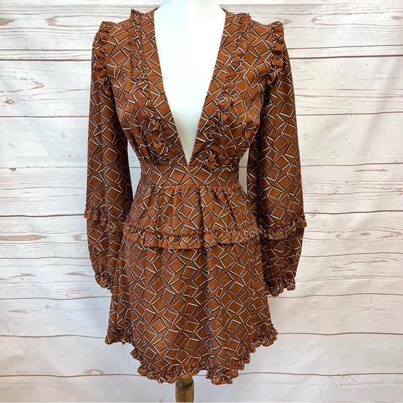 NWT Brown Geo Print Frill Detail Skater Dress - Picture 2 of 8